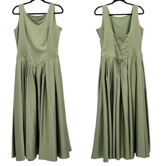 Vintage 80's Maiden Dress Gown 16 Sage Green Satin Corset Back Full Fairycore - Picture 1 of 13